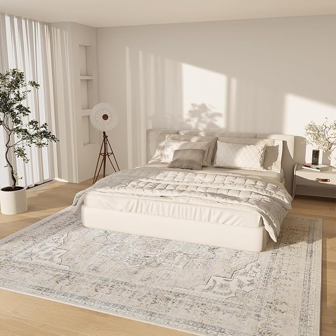 Area Rugs 10x14 Living Room: Washable Rugs for Bedroom Stain Resistant Non Slip Distressed Vintage Large Boho Rug Low Pile Faux Wool Soft Carpets for Living Room Dining Room Farmhouse Playroom