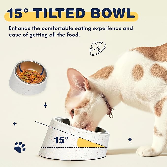 Bzyoo Pet Bowl for Small Dogs & Cats, Stylish Sprinkle Design, Elevated, (White w/Scoop, 2 Cups w/Scoop)