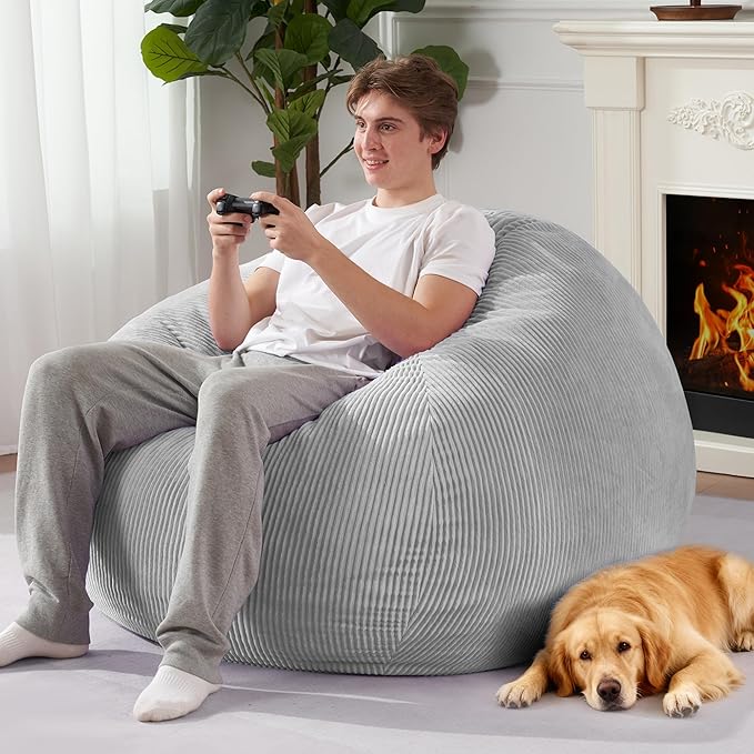Homguava 5FT Bean Bag Chair for Adults,Teardrop Giant Bean Bags Big Beanbag Chair with Memory Foam Filled and Ultra Soft Removable Corduroy Cover for Living Room, Bedroom(Light Grey)