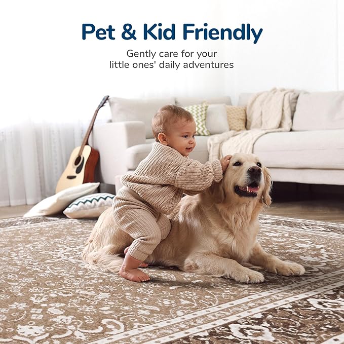 Lessymo 8 x 10 Area Rugs for Living Room, Machine Washable Area Rugs Boho Faux Wool Low Pile Area Rug for Bedroom, Floral Medallion Vintage Rugs with Non-Slip Rubber, Kid & Pet Friendly,Brown White