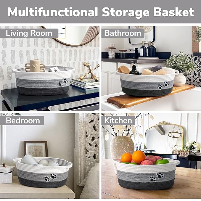 Dog Toy Basket Gift Basket Empty, Woven Storage Baskets for Towels, Cute Dog Storage Bins with Handles, Small Cotton Rope Baskets for Shelf, 13.6"x 10" x 6", Mixed-Gray