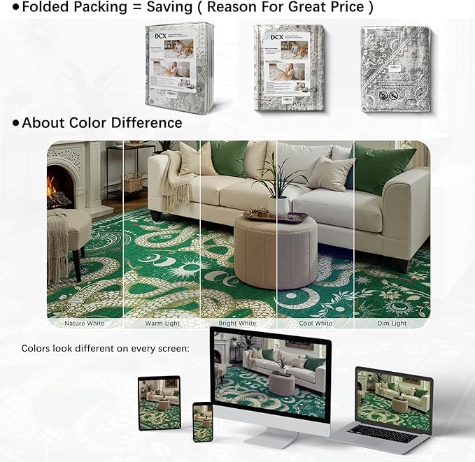 DCX Washable 4x6 Snake Rug, Green Gothic Rug for Living Room, Soft Low Pile Carpet, Kid & Pet Friendly with Rubber Back Non Slip, Stain Resistant Rug for Bedroom Dining Room Office