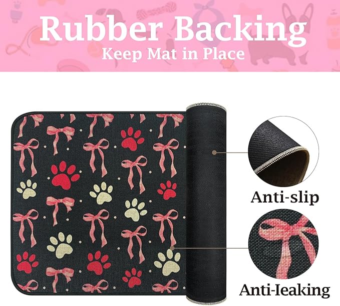 SHIYUE Dog Food Mats for Floors, Absorbent Cat Bowl for Food and Water, Non-Slip Accessories Pet Supplies(17"x30",Black Bow Footprint)
