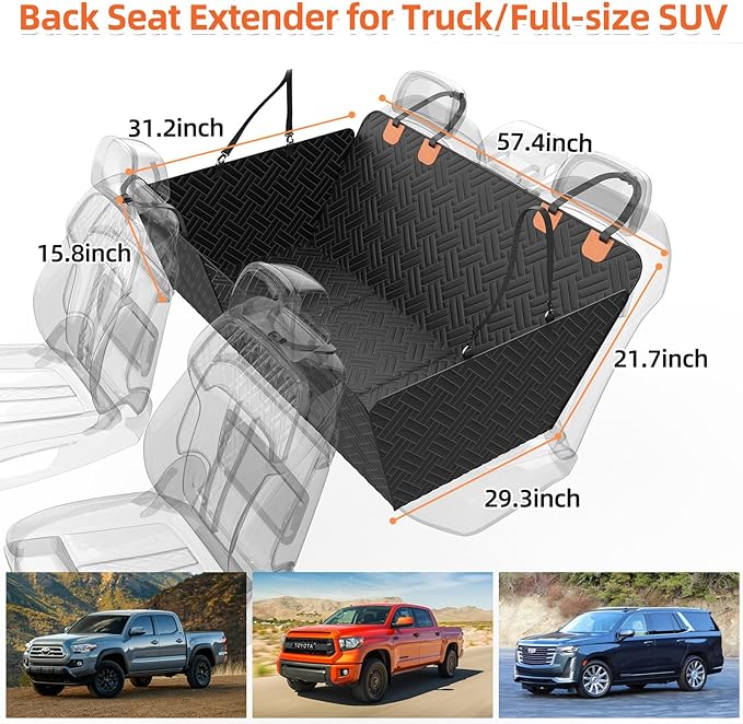 Back Seat Extender for Trucks,Hard Bottom Car Seat Cover for Dogs with Mesh Window,Waterproof Hard Bottom Dog Car Seat Cover for Ford/GMC/Chevrolet/Toyota/RAM Crew Cab Trucks&Full-Size SUVs (XL-Black)