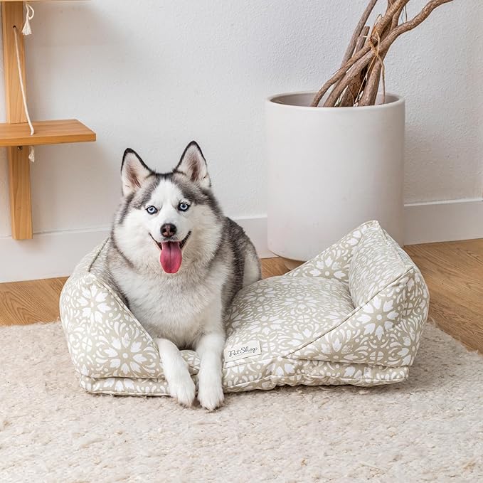 Fringe Studio Sevilla Tile Desert Sand 30" W x 23" D x 9.5" H Medium Mase Modern Cuddler Pet Bed, 100% Cotton Canvas Exterior w/Overfilled Bolster, Machine Washable, PetShop Collection (752002)