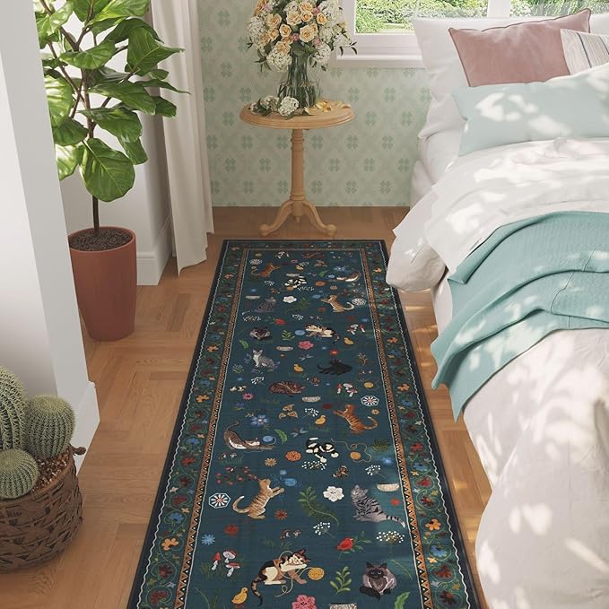 Rugcomf Runner Rug for Kitchen Non Slip 2'6''x8' Washable Rugs with Rubber Backing Soft Floral Animal Cat Carpet Runner for Kitchen Laundry Bedroom Bathroom, Pearl Gentian Blue