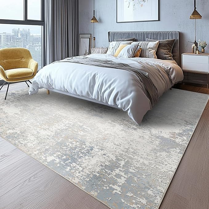 Washable Rugs 8x10 Area Rugs for Living Room - Modern Abstract Rugs for Bedroom,Dining Room,Large Soft Low Pile Carpet with Non Slip Rubber Backing,Neutral Accent Nursery Rug- Beige Blue