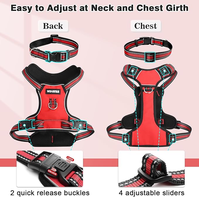 WINSEE Dog Harness No Pull, Pet Harnesses with Dog Collar, Adjustable Reflective Oxford Outdoor Vest, Front/Back Leash Clips for Small, Medium, Large, Extra Large Dogs, Easy Control Handle for Walking