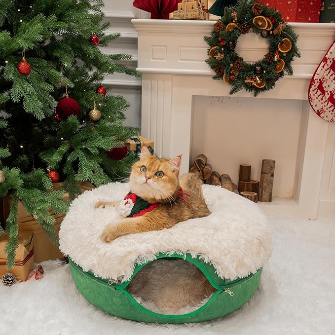 CATTASAURUS Peekaboo Cat Cave for Multiple & Large Cats Up to 30-45 Lbs, Fluffy Cat Beds & Furniture, Scratch Detachable & Washable Tunnel Bed, Comfy Donut Bed (Forest Green, Large (Calming))