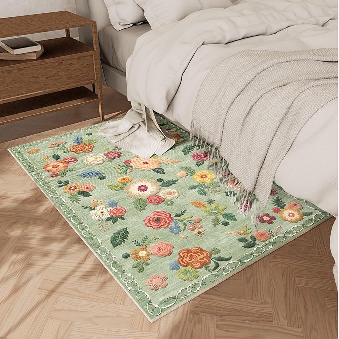 Washable Small Entryway Area Rugs: 2'x3' Floral Green Rug Non Slip Door Mat Indoor Entrance Stain Resistance Low Pile Throw Rugs for Inside Front Door Floor Bedroom Bedside Kitchen Dorm Home Entry