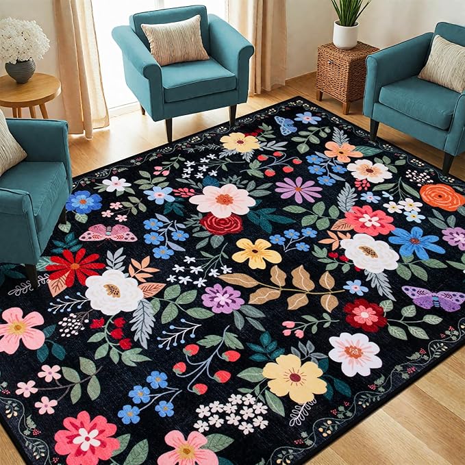 6x9 Area Rugs for Living Room: Floral Washable Rug Vintage Large Soft Boho Non-Slip Carpet Indoor Floor Stain Resistant Thin Carpets for Bedroom Dining Room Farmhouse Nursery Hallway Home Office Black