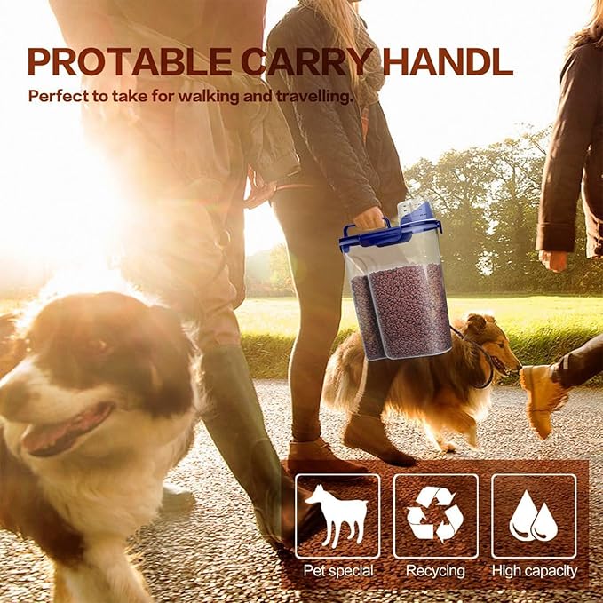 Dog Food Storage Container, 5-7 Lbs Airtight Pet Food Container, Cat food Container Dispenser with Portable Handle, Pouring Spout and a Collapsible bowl for Dogs Cats Navy Blue/6Qt