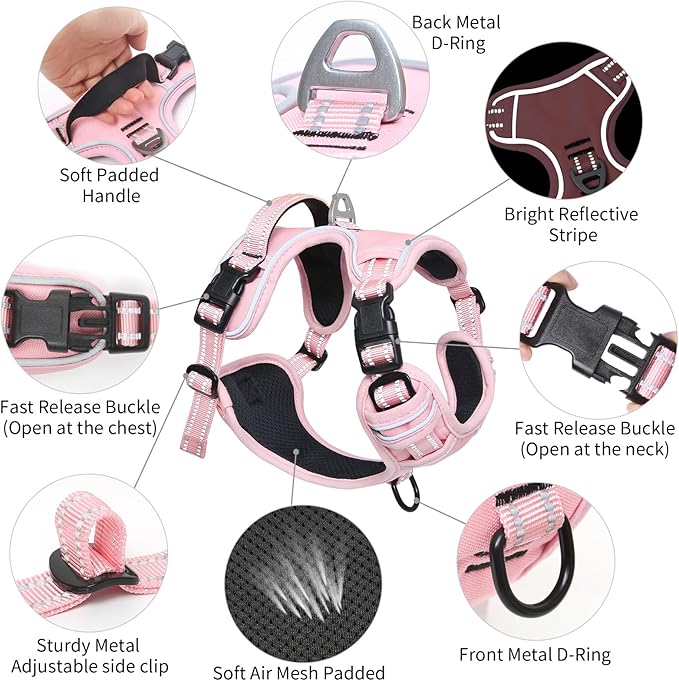 Timos Dog Harness, 3 Snap Buckles No-Pull Soft Padded Dog Vest with 2 Metal Leash Clips, Adjustable Reflective No Choke Pet Harness with Easy Control Handle for Medium Dogs,Pale Pink,M