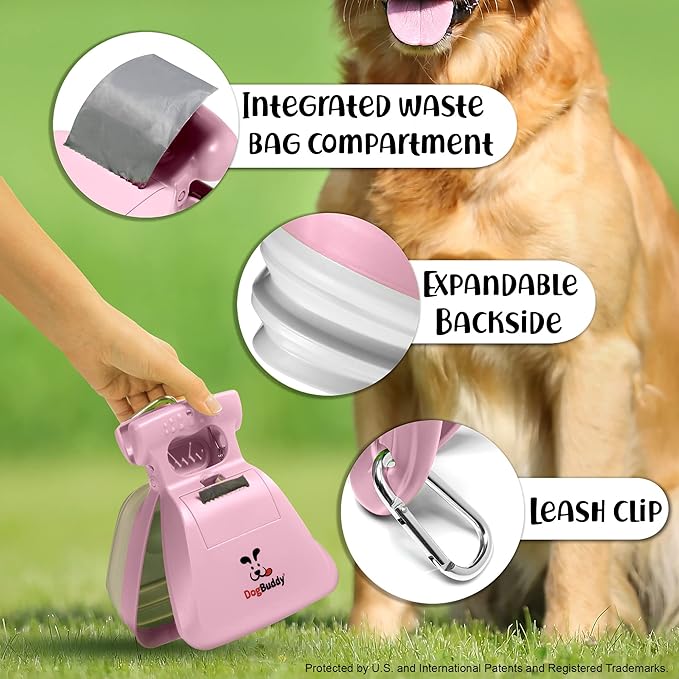 DogBuddy Pooper Scooper, Portable Dog Pooper Scooper, Poop Scooper for Small and Large Dogs, Pooper Scooper with Bag Attachment, Leash Clip and Dog Waste Bags Included (Large, Pink)