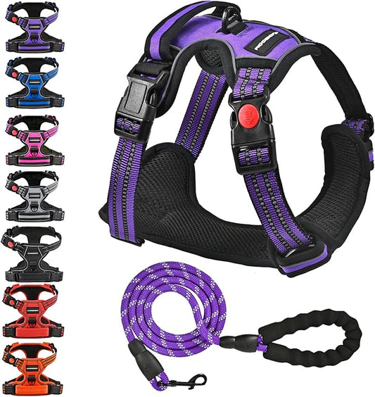No Pull Dog Harness with A Free Heavy Duty 5ft Dog Leash, Adjustable Soft Padded Dog Vest, Reflective No-Choke Pet Oxford Vest with Easy Control Handle for Small and Large Dogs (Purple, Medium)