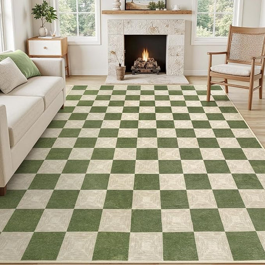 Washable Green Checkered Rug 8x10, Non-Slip Low Pile Area Rug for Living Room, Bedroom, Nursery, Modern Neutral Farmhouse Checkerboard Carpet, Pet & Kid Friendly