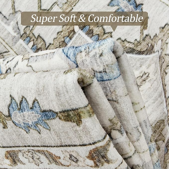 8x10 Area Rug for Living Rooms, Stain Resistant Neutral Washable Rugs for Dining Rooms, Floral Vintage Non-Slip Thin Large Size Area Rugs(Beige)