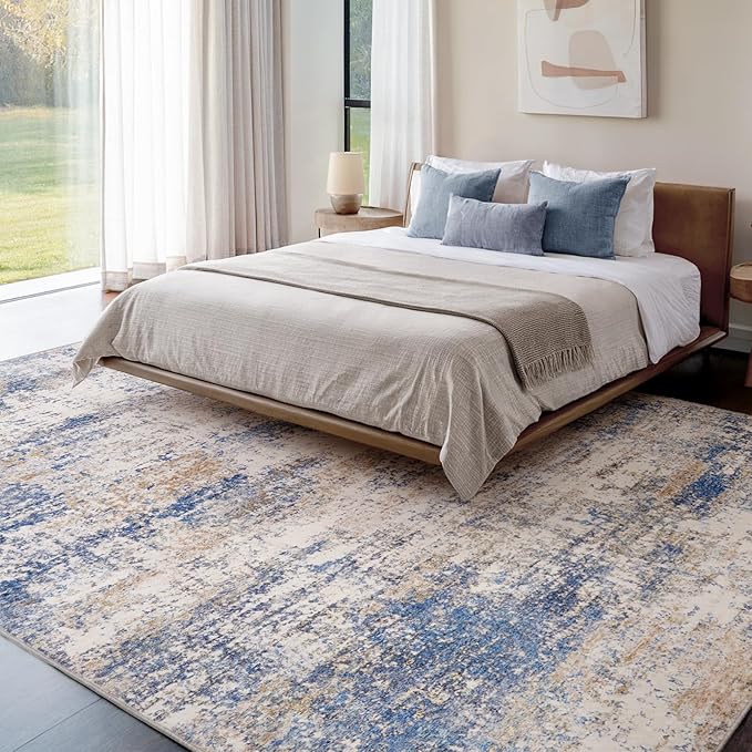 Area Rug Living Room Washable Rugs: 8x10 Modern Neutral Abstract Low Pile Non Slip Floor Carpet - Large Soft Thin Stain Resistant Rug for Bedroom Dining Indoor Office Home, Blue Brown