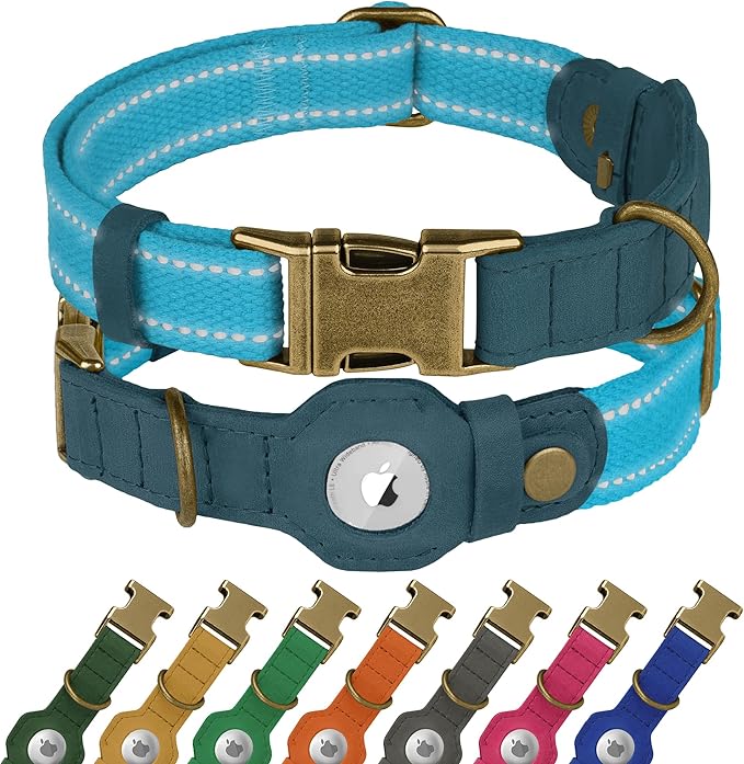Reflective Leather Dog Collar with AirTag Holder - Soft Apple Airtag Dog Collar with Metal Buckle - Safety Cotton Pet Collars for Dogs Small Large Dogs Puppy (Sky Blue, L, 17"-21")