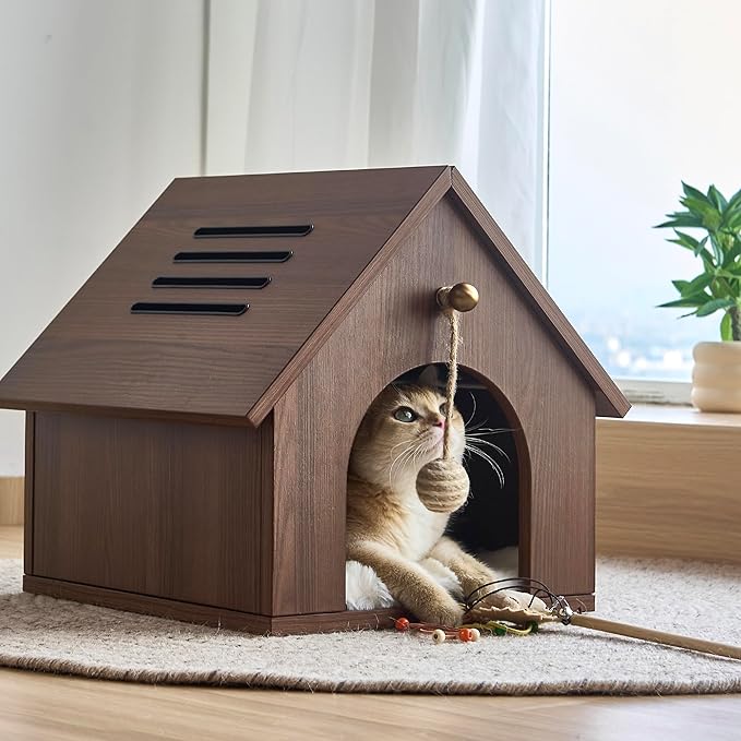 Cat House for Indoor Cats - Modern Wooden Covered Cat Cave Bed, Sturdy & Durable Cat Hideaway Hanging Ball Toy & Warm Plush Mat Included, Easy Assembly – Follow Video or Instruction Manual.