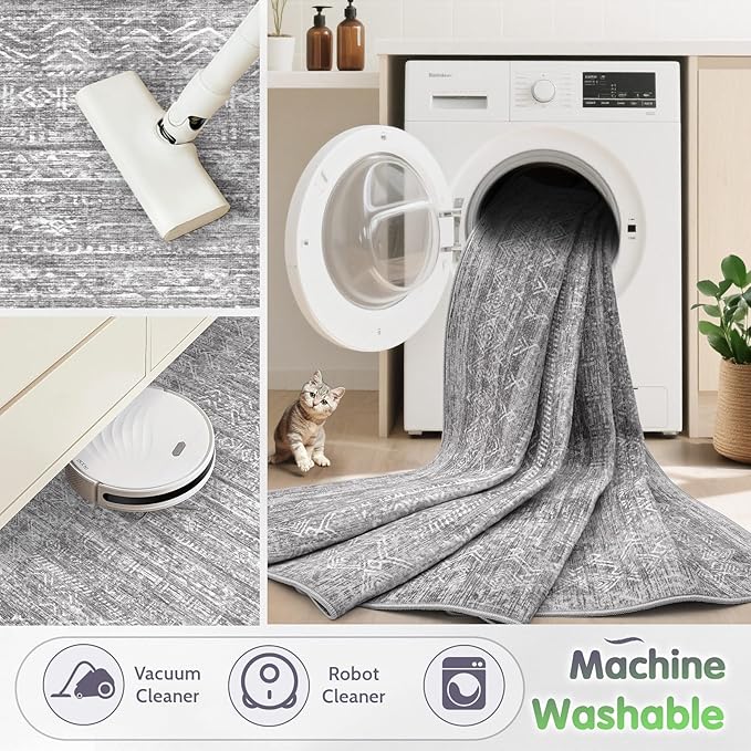 Washable Rug 6x9 Area Rugs: Modern Geometric Rugs for Living Room Non Slip Soft Low Pile Moroccan Indoor Carpet for Bedroom Nursery Dining Room Home Office (Grey, 6'x9')