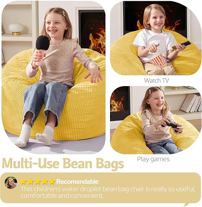 Homguava 2.5FT Bean Bag Chair,Teardrop Bean Bags Small Beanbag Chair with Memory Foam Filled and Ultra Soft Corduroy Cover for Living Room, Bedroom (Yellow)