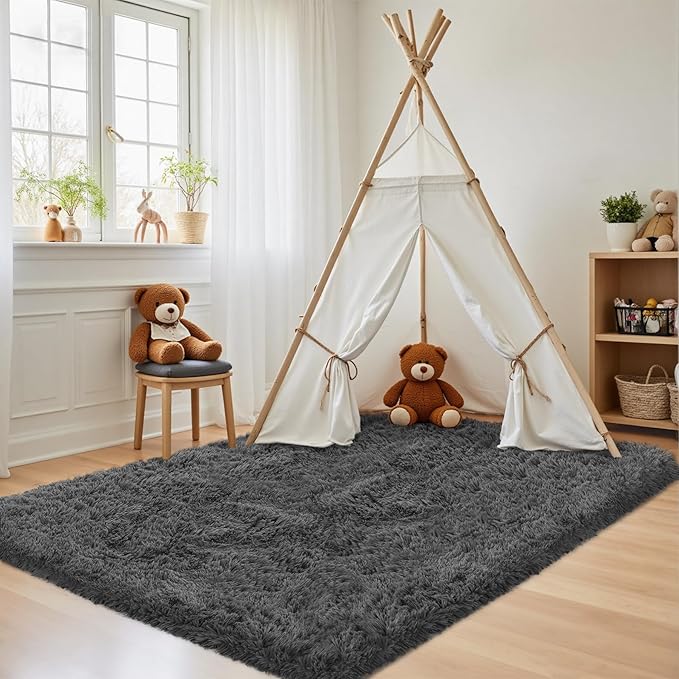 4x6 Area Rug for Living Room: Ultra Soft Fluffy Rug Modern Large Thicked Shag Rug for Bedroom Non Slip Indoor Fuzzy Carpets for Girls Kids Room Nursery Dorm Home Decor Grey
