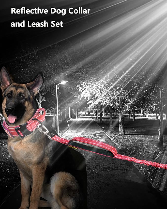 AUBELL Tactical Dog Collar and Leash Set, Reflective Adjustable Heavy Duty Military K9 Collars with Handle and Metal Buckle for Medium Dogs, with Airtag Case and 2 Patches(Red,M)