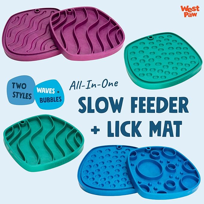 West Paw Seaflex Bubbles Feast Mat – All-in-One, Slow Feeder, Lick Mat – Encourages Foraging & Food Exploration - Engages Picky Eaters & Slow Feeding - Versatile – Easy to Clean, Non-Toxic - Marine