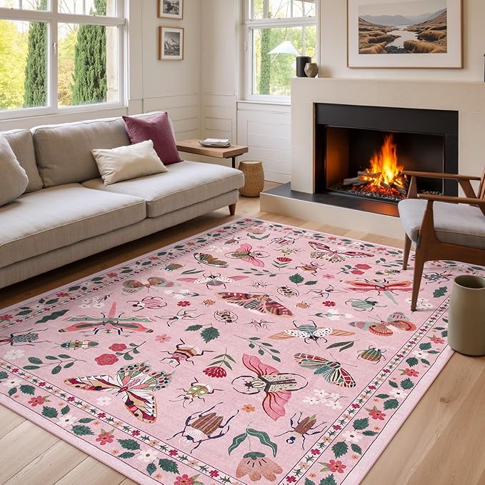 Lahome Insect Washable Rugs for Living Room, Soft 6x9 Rug for Bedroom Ultra-Thin Non Slip Pink Rug, Stain Resistant Easy Clean Large Carpet for Girls Dining Room Nursery Classroom(6'x9',Pink)