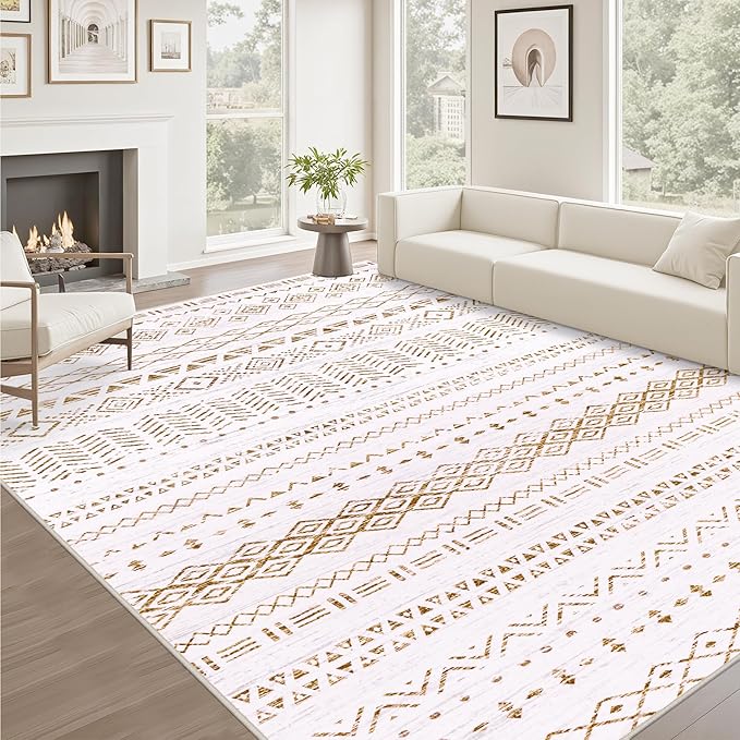 10x14 Area Rugs Living Room Rug: Washable Rug Neutral Lagre Soft Thin Carpet Indoor Floor Non Slip Boho Geometric Moroccan Carpets for Bedroom Dining Room Farmhouse Nursery Office - Brown