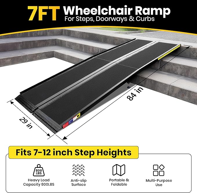 7 Feet Portable Wheelchair Ramp with Sopport Legsk, Black Seamless Non-Slip Aluminum Folding Handicap Ramp,Threshold Ramp for Doorways, Wheel Chair Ramp for Home Steps