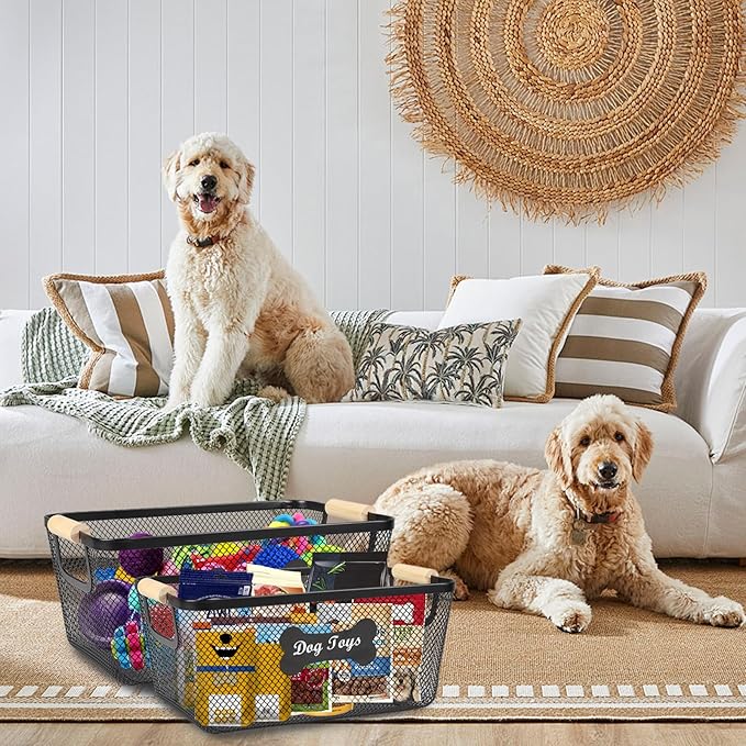 2 Pack Dog Toys Basket,Metal Basket with Wooden Handles for Dog Toys,Mesh Wire Dog Toy Bin Set,Dog Stuff Organization & Storage,Ideal for Dog Collar,Blanket,Toys,Ropes,Snacks-Black