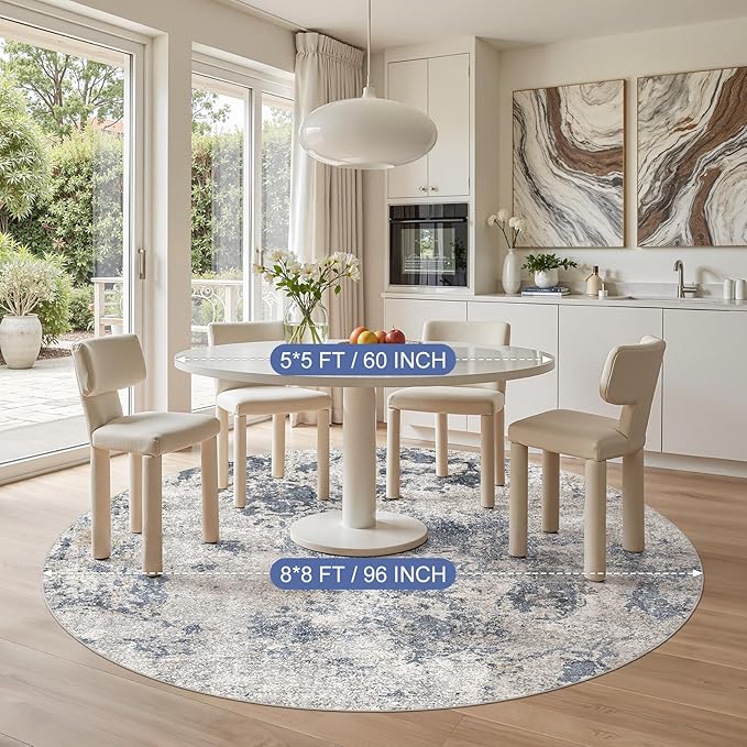8ft Round Area Rugs for Living Room: 8x8 Abstract Washable Rug Modern Large Soft Stain Resistant Non-Slip Backing Machine Table for Bedroom Dining Room Indoor Home Office Carpet - Blue Brown