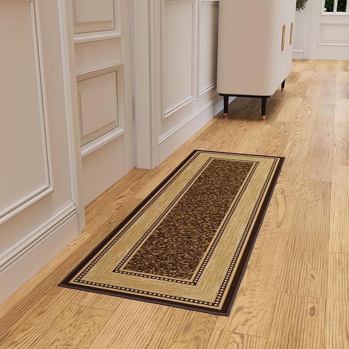 Ottomanson Hallway Runner Rug 20" x 59" Non Slip Border Area Rugs Easy to Clean Laundry Rug Runner Durable & Pet Friendly Floor Carpet Runners for Hallways Entryway Living Room Kitchen, Brown