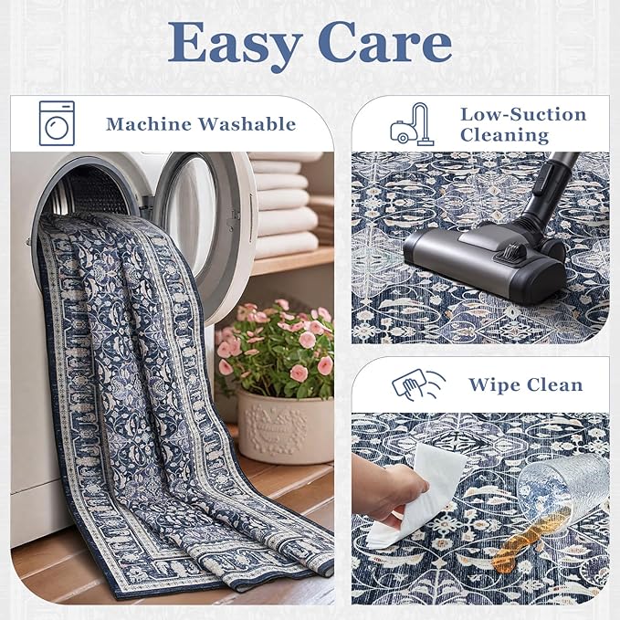 Dark Blue 5x7 Area Rugs for Living Room Bedroom, Transitional Boho Moroccan Floral Trellis Printed, Washable Non Slip Low Pile Ultra Thin Soft Carpet Rugs for Dining Room/Kitchen/Home Office
