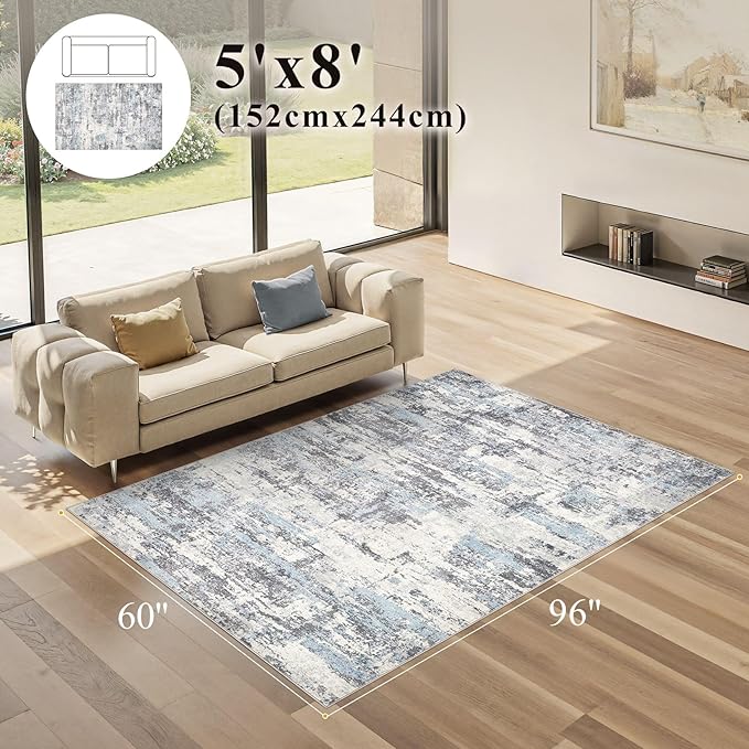 Area Rugs for Living Room: 5x8 Abstract Washable Rug Modern Neutral Large Soft Stain Resistant Non-Slip Backing Machine Table for Bedroom Dining Room Indoor Home Office Carpet - Blue Grey