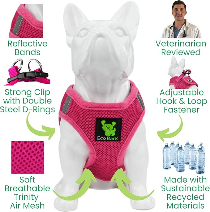 EcoBark Premium Quality Small Dog Harness - Step in Reflective Luxury Soft Mesh Harnesses for Puppies, Toy Breeds, & Small Dogs - Comfortable & Safe Body Halter - Adjustable Pet Vest (Small, Pink)