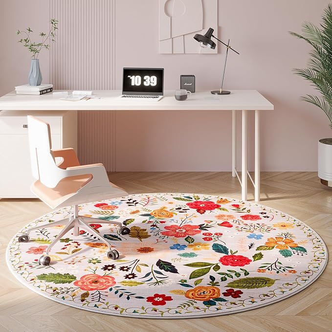 Rugcomf Round Rug 6ft Washable Circle Rug Non Slip Low Pile Boho Floral Small Circular Rug for Bedroom, Bathroom, Entryway, Kids Room, Office, College Dorm(Beige)