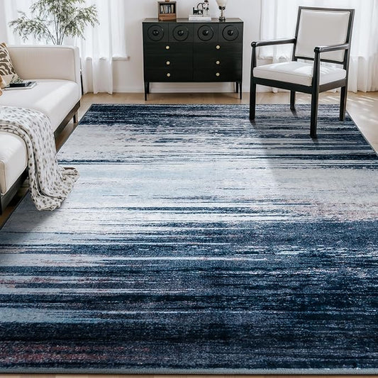 Rugflix 8x10 Large Area Rug for Living Room, Washable Low Pile Carpet Non Slip, Soft Stain Resistant Blue Grey Indoor Rug for Bedroom, Dining Room, Home Office