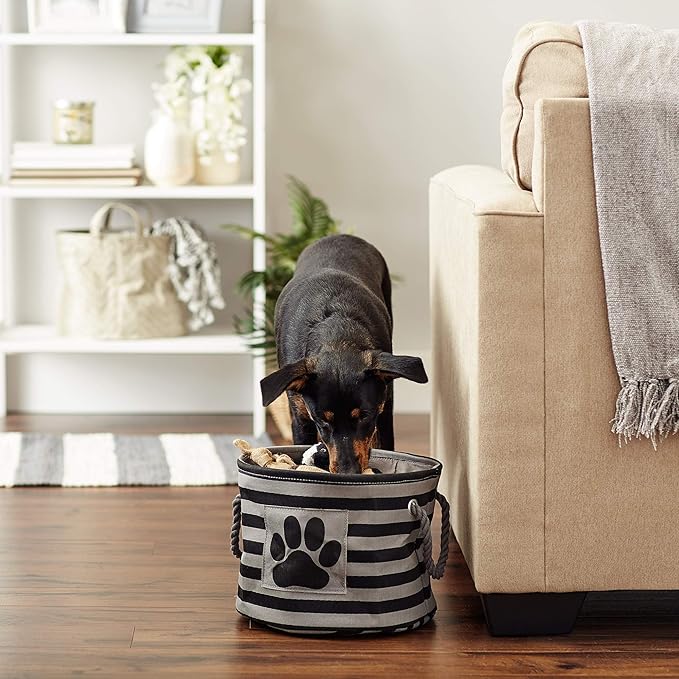 Bone Dry Pet Storage Collection Striped Paw Patch Bin, Black, Small Round