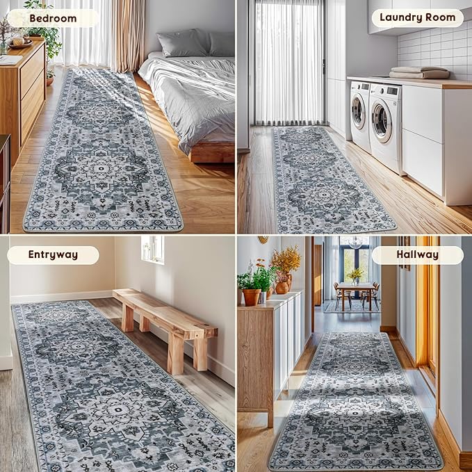 LBRO2M Boho Hallway Rug 2'X10’ Washable Runner Rugs Non Slip Low Piles Rugs Vintage, Soft, Dusty Blue Area Rug Runners for Hallways, Bedroom, Kitchen Laundry Room Pattern Print (2'X10', Dusty Blue)
