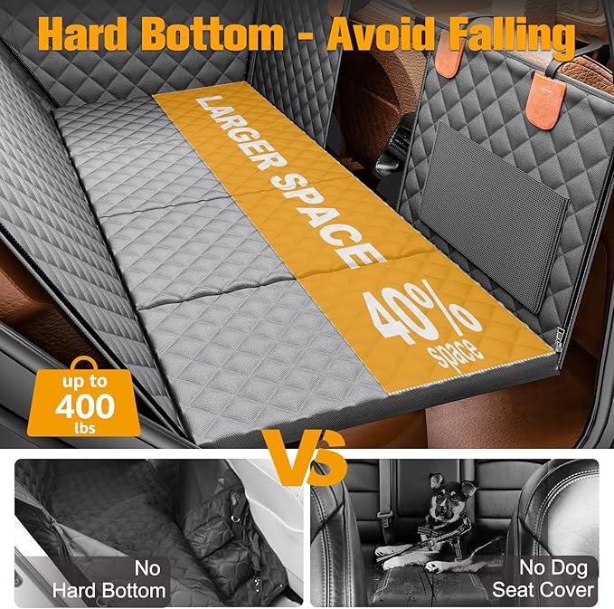PETICON Back Seat Extender for Dogs, Hard Bottom Dog Car Seat Cover - Supports 400lbs, Rear Seat Pet Cover with Mesh Window, Waterproof Dog Hammock for Car SUV and Trucks