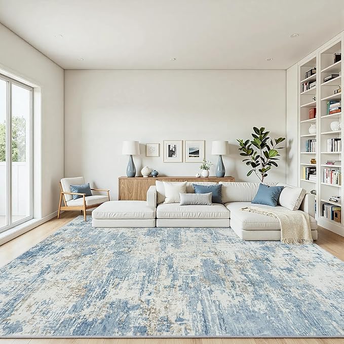 9x12 Area Rugs Living Room Rug Modern Abstract Neutral Washable Rugs Non Slip Soft Carpet Large Area Rug Low Pile Stain Resistant Non Shedding for Bedroom Nursery Dining Room Home Office Blue