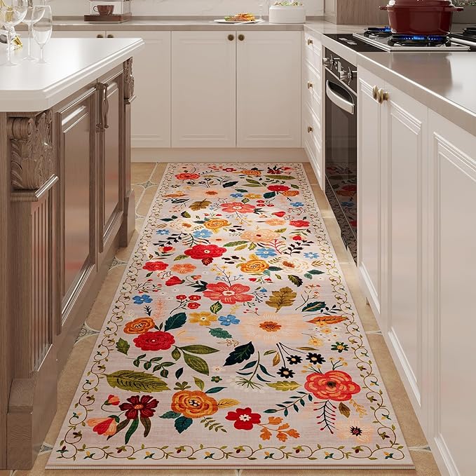 Rugcomf Runner Rug for Hallways Kitchen Rug Non Slip 2'x 6' Washable Rugs with Rubber Backing Soft Floral Carpet Runner for Hallways, Kitchen, Laundry, Bedroom, Bathroom(Beige)