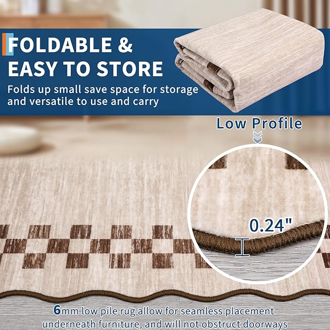 GarveeHome Scalloped Washable Rug 9x12 Area Rug for Living Room Modern Border Large Bedroom Throw Carpet with Rubber Backing Stain Resistant Boho Rug for Dining Room Home Decor Office, Beige