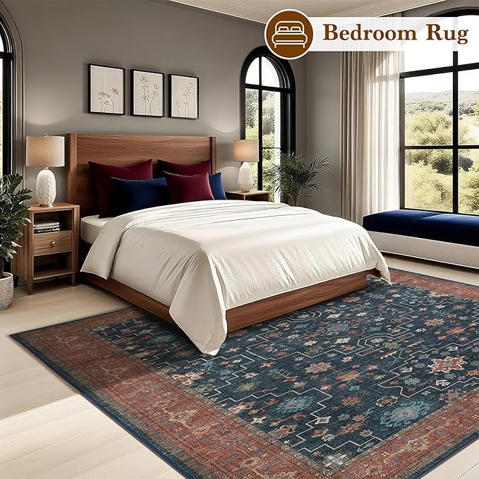 LBRO2M Vintage Washable Rugs 8X10 for Living Room Bedroom Office Farmhouse Non Slip Distressed Area Rugs Easy Clean, Stain Resistant Carpet Low Piles Great for Pets and Kids (8'X10' Distressed Blue)