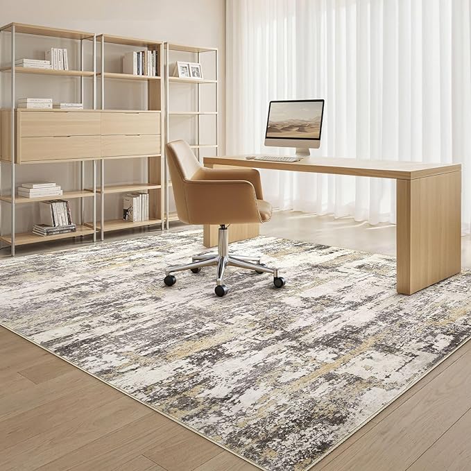 Area Rugs for Living Room: 6x8 Abstract Washable Rug Modern Neutral Large Soft Stain Resistant Non-Slip Backing Machine Table for Bedroom Dining Room Indoor Home Office Carpet - Gold Brown
