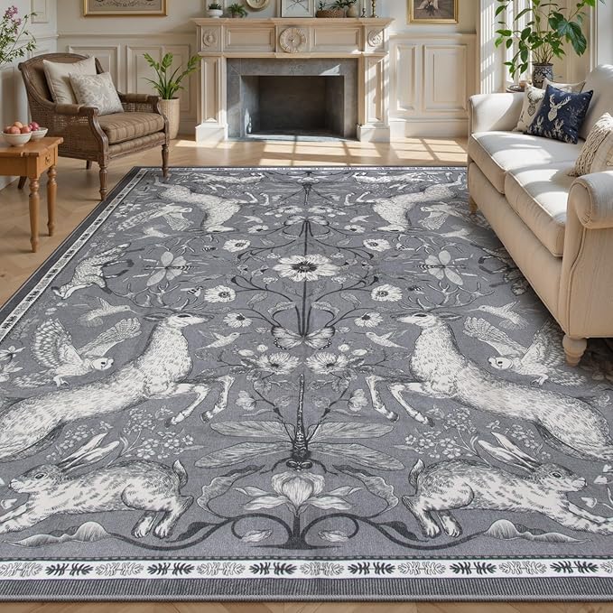 Lahome Boho Animal Washable Rugs for Living Room 8x10, Grey Soft Rugs for Bedroom, Botanical Large Boho Non Slip Dining Room Carpet for Under Table Office Kids Playroom (8x10ft,Grey)