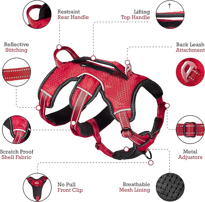 Tuff Pupper Tracker No Escape Dog Harness, Dual Attachment Points, Reflective 3M Stitching, XS - XL, March Red